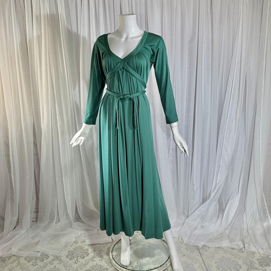 vintage VICTOR COSTA evening dress, 1970s Forest Green jersey knit goddess gown