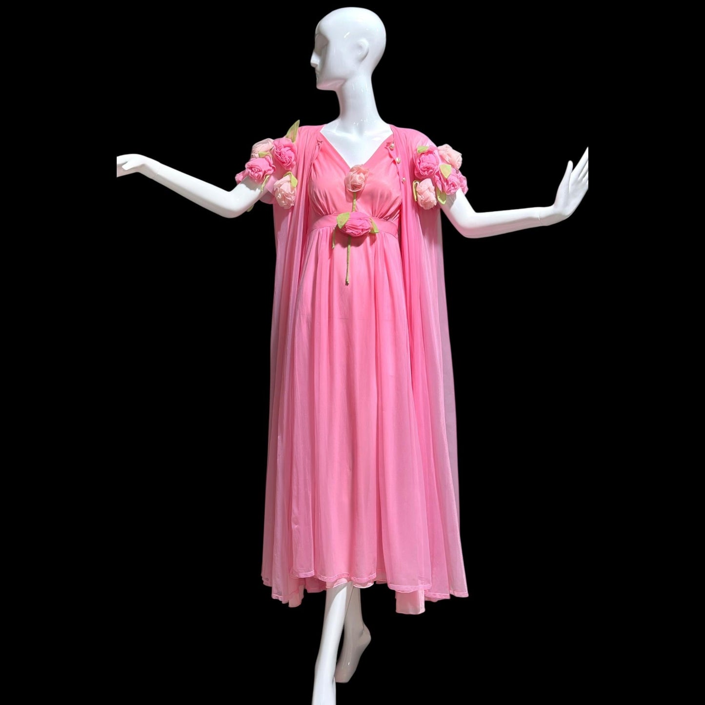 VIRGINIA WALLACE vintage nightgown robe set, 1960s Barbie Pink lingerie slip dress peignoir set