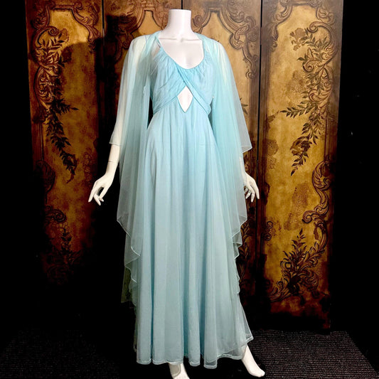 VIRGINIA WALLACE vintage nightgown robe set, 1960s Powder blue double layer chiffon, lingerie slip dress peignoir set