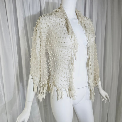 Victorian Edwardian fringed shawl scarf, 1900s Creamy White net and yarn Bridal Wrap