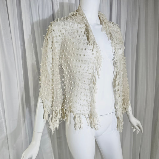 Victorian Edwardian fringed shawl scarf, 1900s Creamy White net and yarn Bridal Wrap