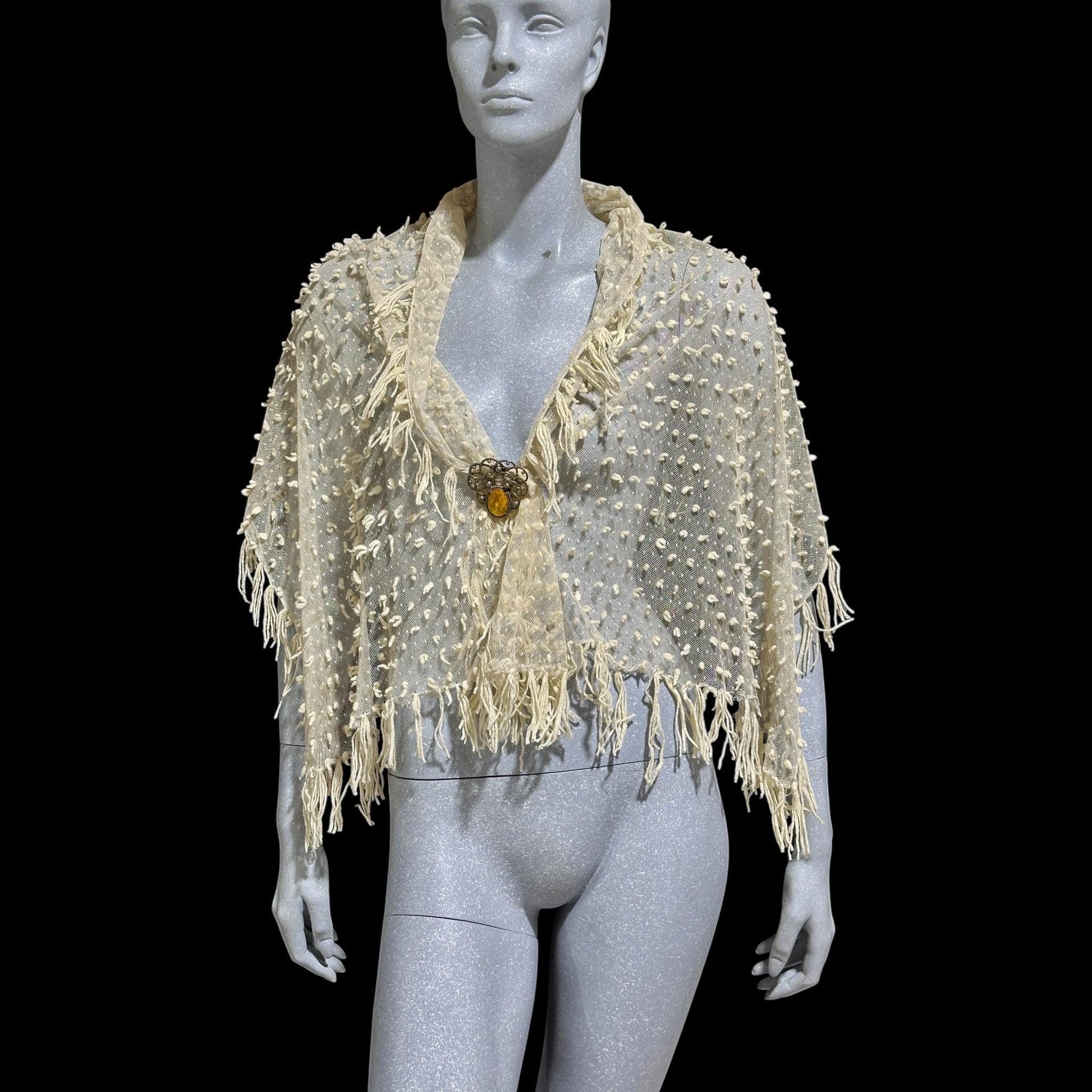 Victorian Edwardian fringed shawl scarf, Creamy White net and yarn Bridal Wrap