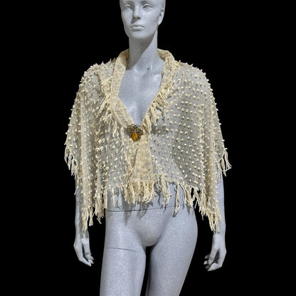 Victorian Edwardian fringed shawl scarf, Creamy White net and yarn Bridal Wrap