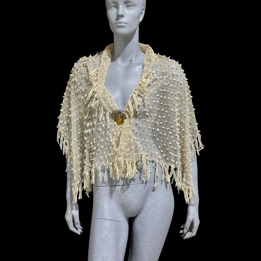 Victorian Edwardian fringed shawl scarf, Creamy White net and yarn Bridal Wrap