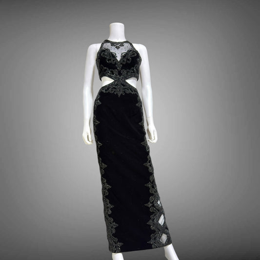 Vintage Y2k evening dress, Black velvet heavy beaded cutout gown