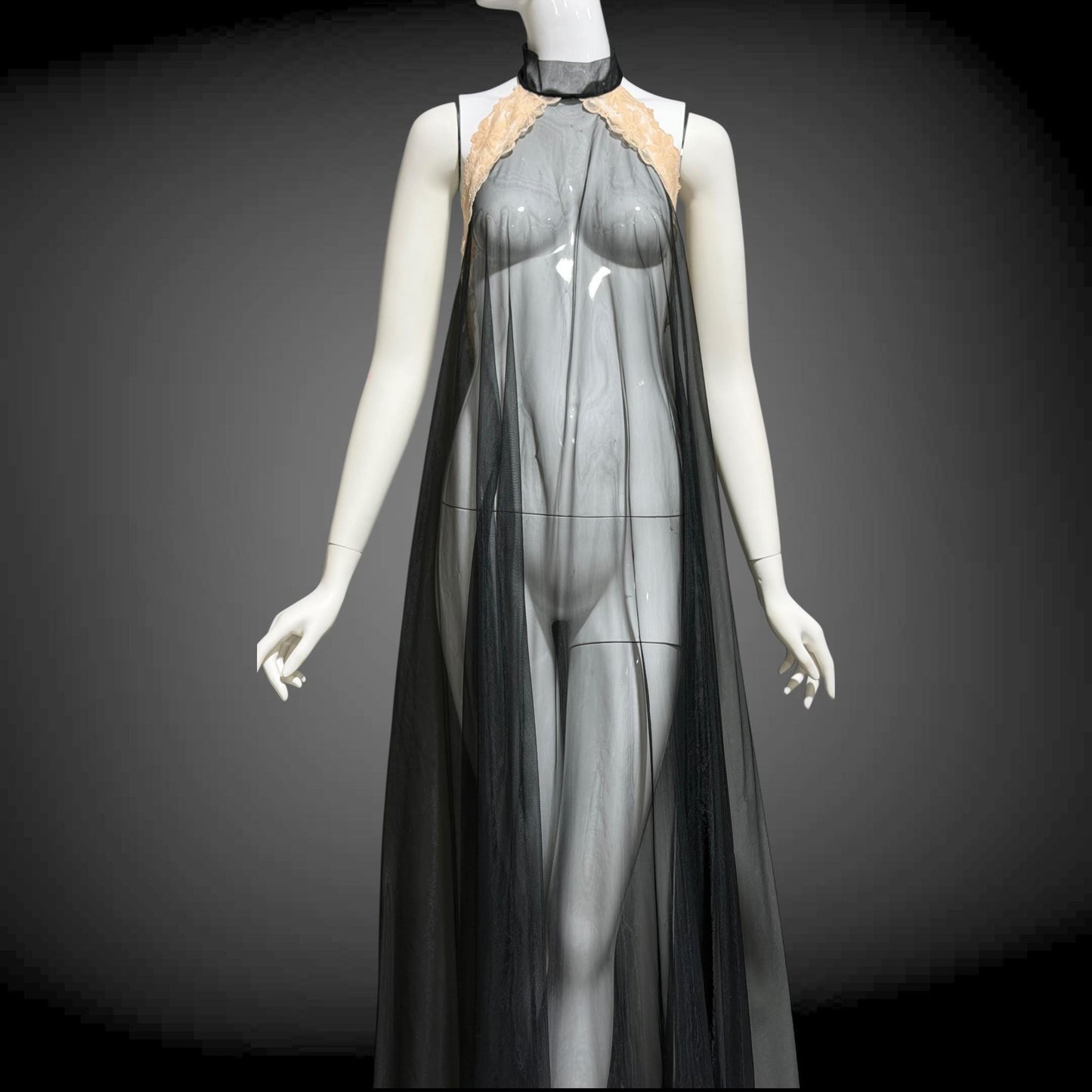 Vintage nightgown sip dress, 1960s Completely sheer high neck black backless lingerie dress