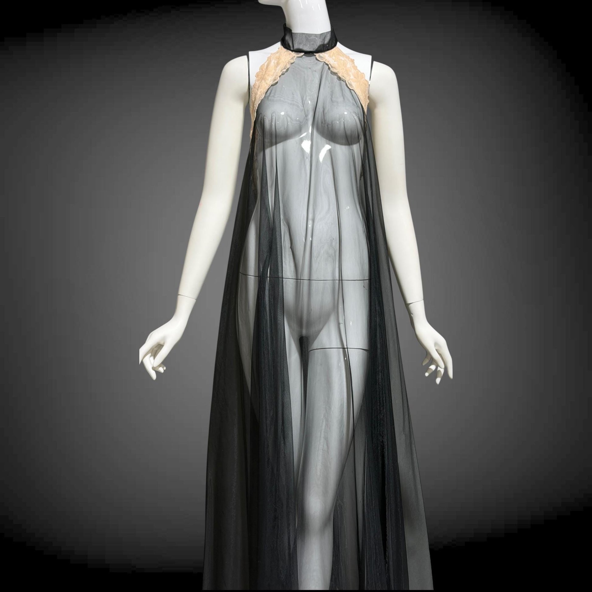 Vintage nightgown sip dress, 1960s Completely sheer high neck black backless lingerie dress