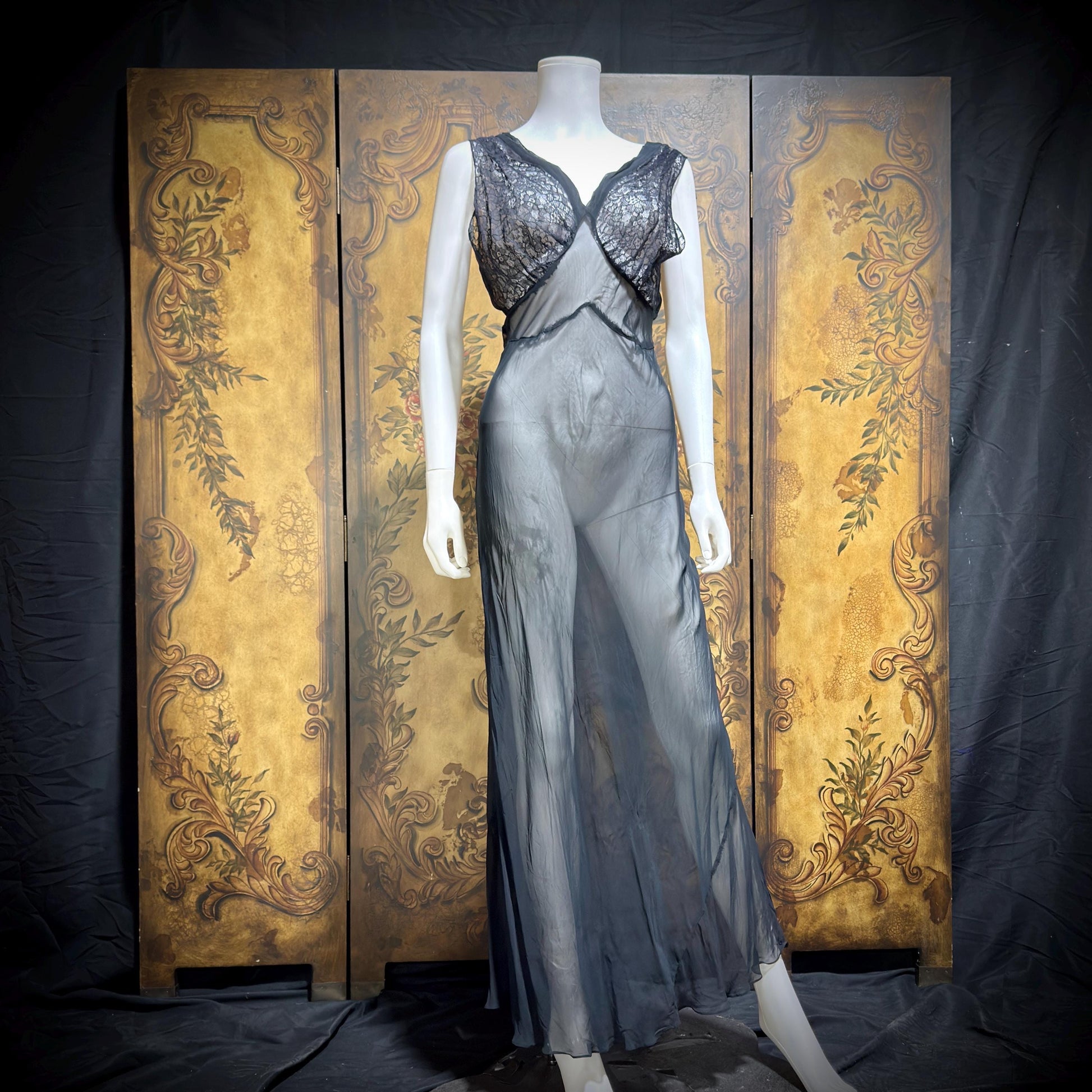 WEISMAN vintage 1930s Nightgown slip dress, sheer sultry black night lingerie dress