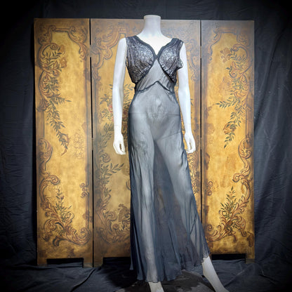 WEISMAN vintage 1930s Nightgown slip dress, sheer sultry black night lingerie dress