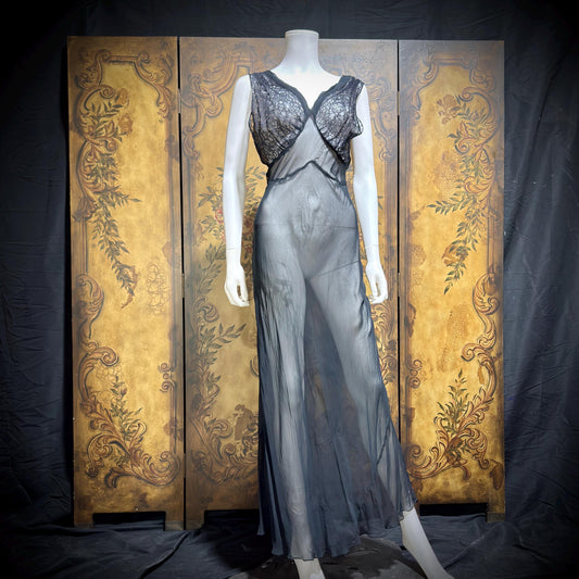 WEISMAN vintage 1930s Nightgown slip dress, sheer sultry black night lingerie dress