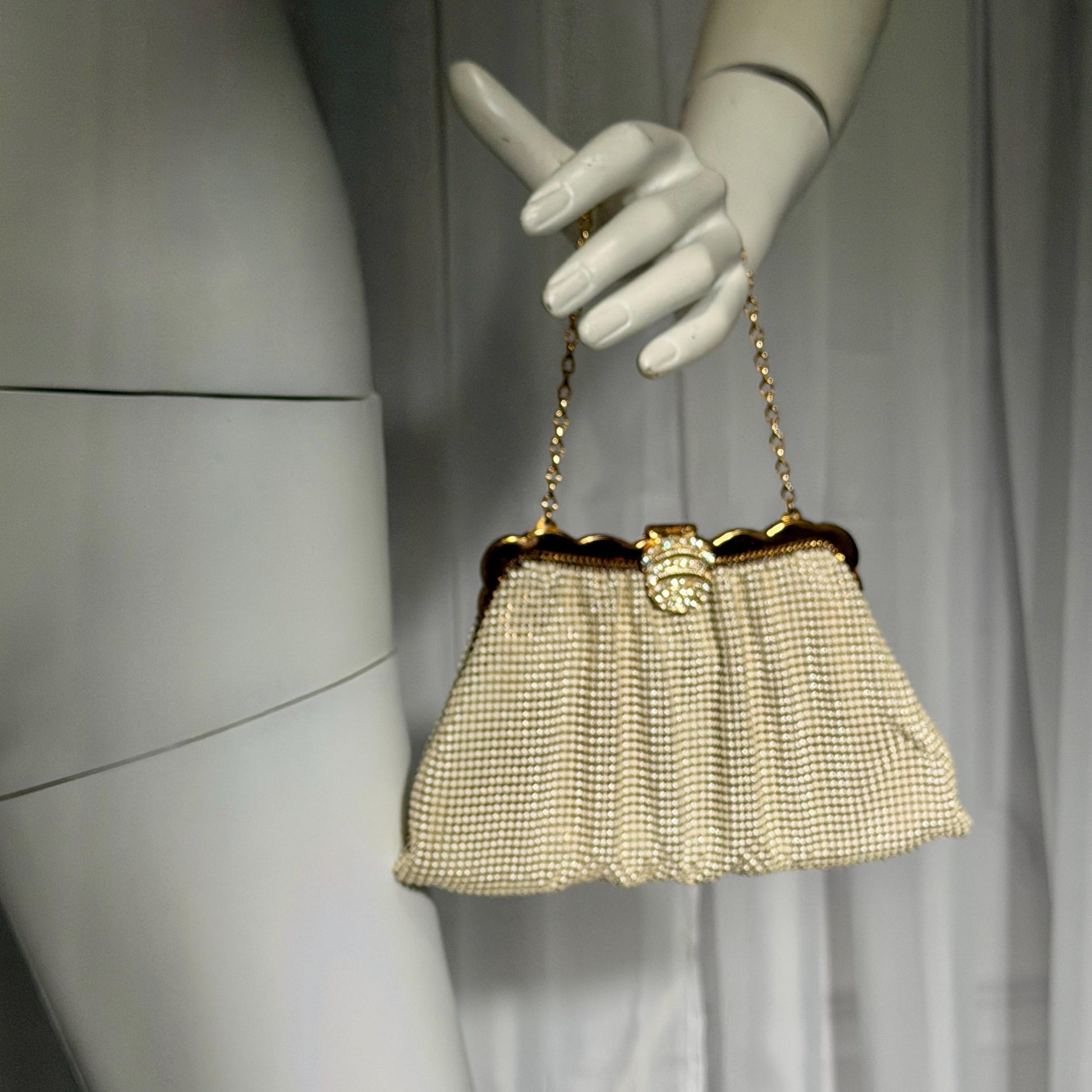 WHITING & DAVIS vintage 1950s evening bag, Mesh Pearly White Bridal purse, Rhinestone dance bag