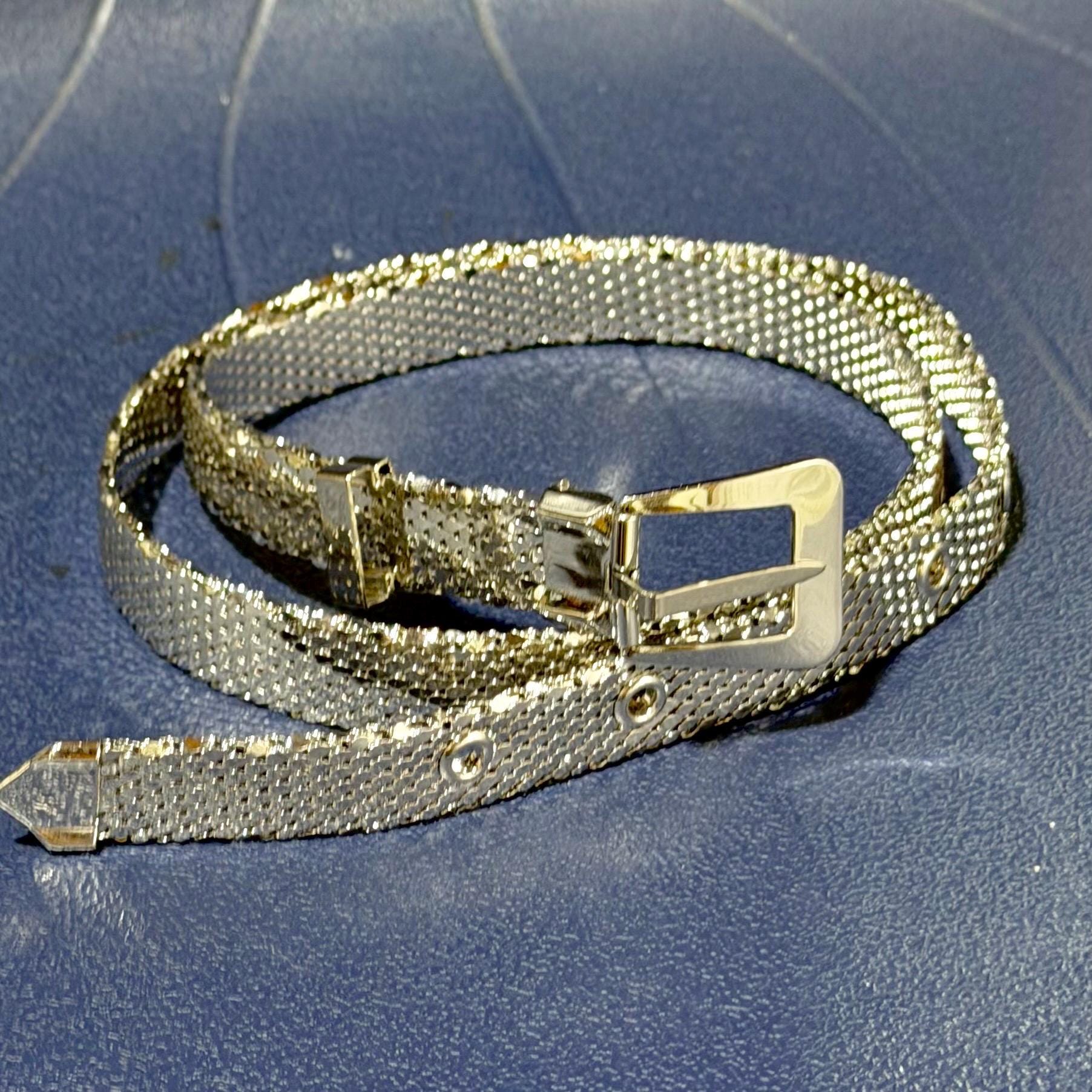 WHITING & DAVIS vintage 1970s belt, slinky disco shiny silver mesh belt