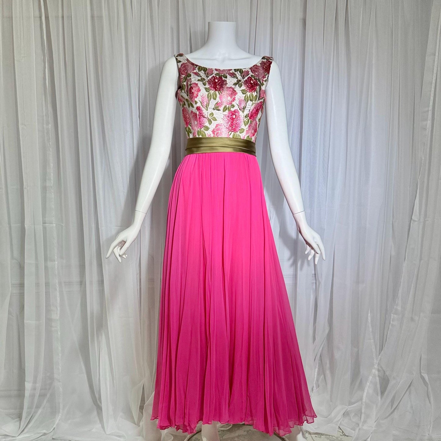 WILL STEINMAN vintage Evening dress, 1960s Pink Floral Chiffon and Brocade gown
