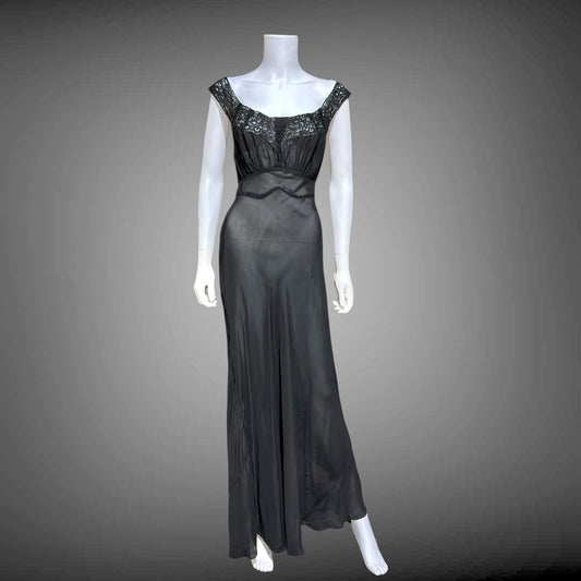WONDERMAID vintage 1940s Nightgown Slip Dress, Sheer Black nylon full length lingerie dress