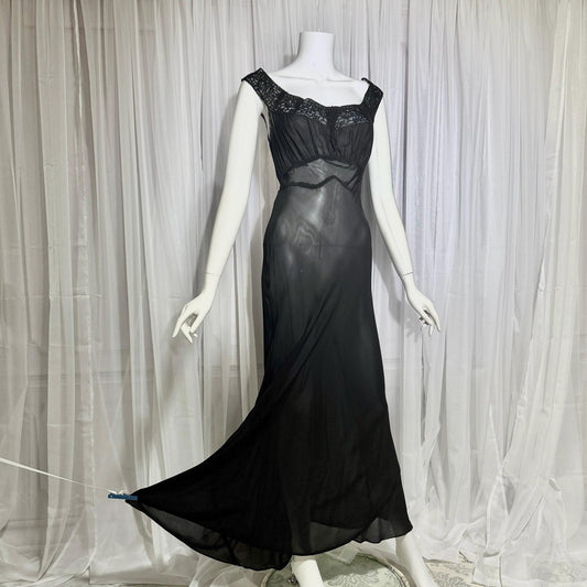 WONDER MAID vintage 1930s nightgown slip dress, sheer black maxi lingerie dress