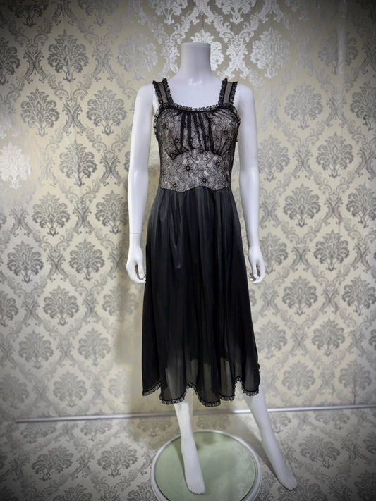 YOLANDE Vintage 1950s Nightgown Slip dress, Black Nylon lingerie dress