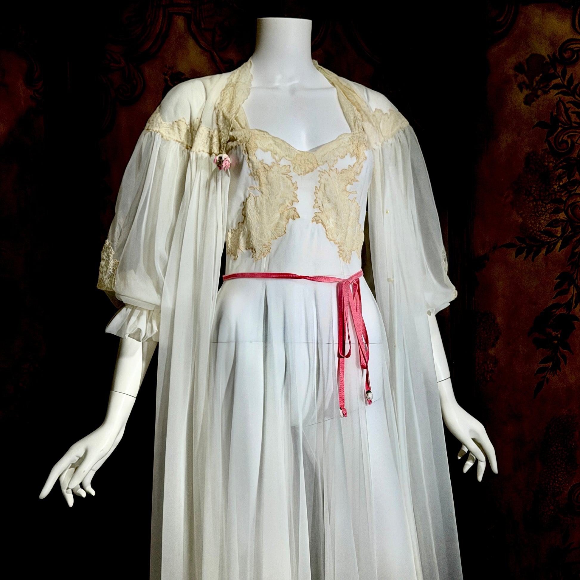 YOLANDE vintage 1940s Peignoir set, White bridal nightgown slip dress and robe