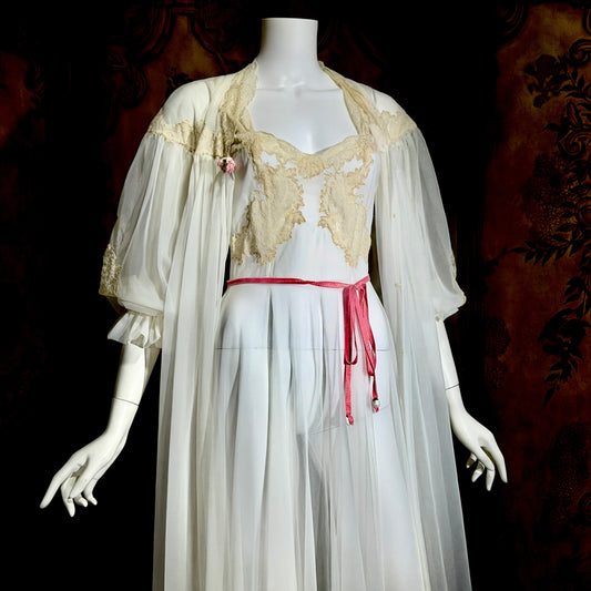 YOLANDE vintage 1940s Peignoir set, White bridal nightgown slip dress and robe