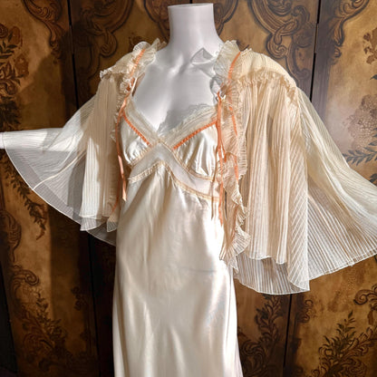 Vintage ZANDRA RHODES Peignoir Set, 1970s Peach Signature Pleat nightgown robe lingerie dress set