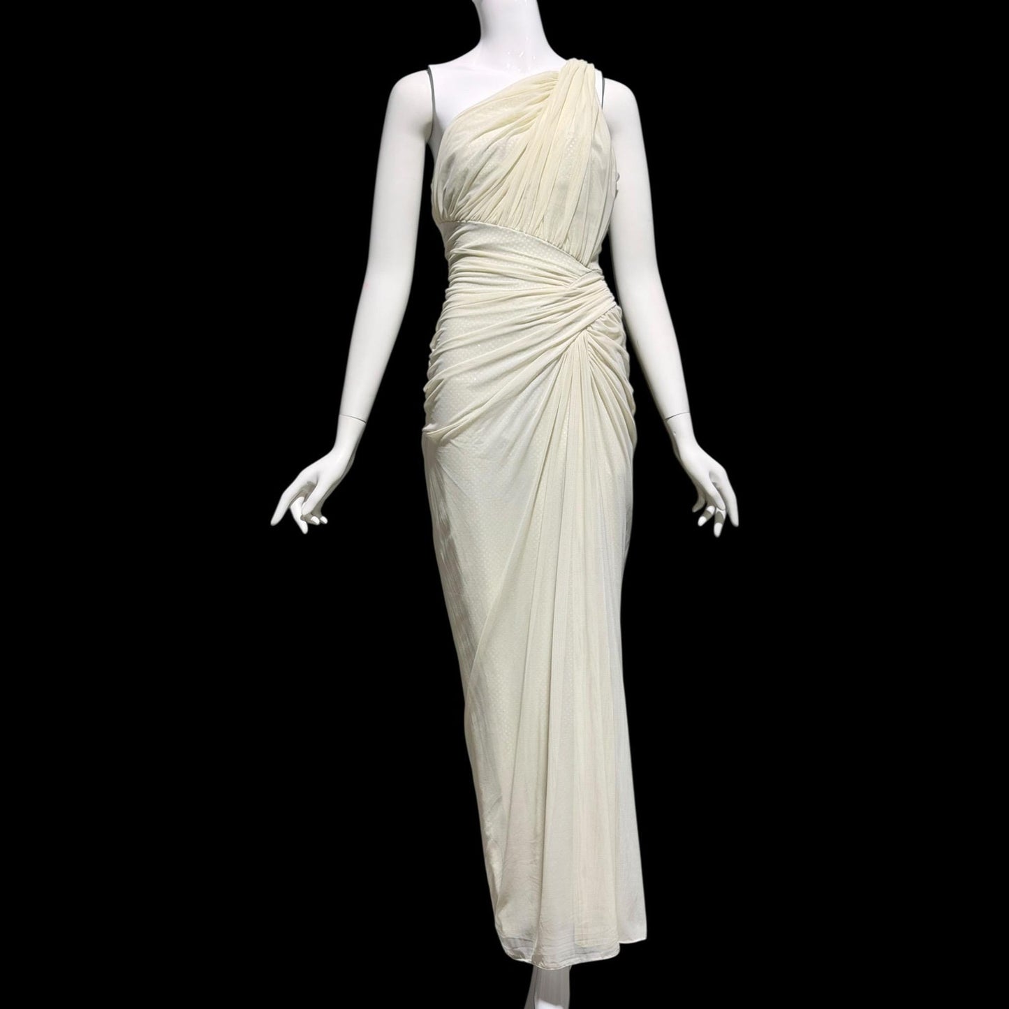 TADASHI Vintage evening dress gown, 1980s Grecian bodycon white ruched gown
