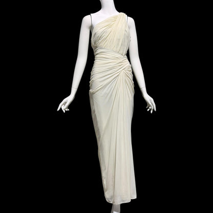 TADASHI Vintage evening dress gown, 1980s Grecian bodycon white ruched gown
