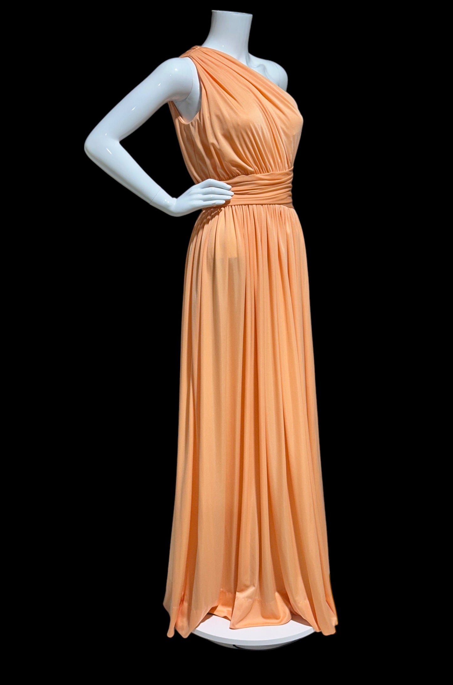 OLE BORDEN for Lillie Rubin, 1970s peach one shoulder evening gown, draped pleated grecian goddess gown