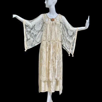 1920s Antique vintage wedding dress, Handmade candlelight white silk and lace slip dress with scarf sleeves, bridal flapper dress