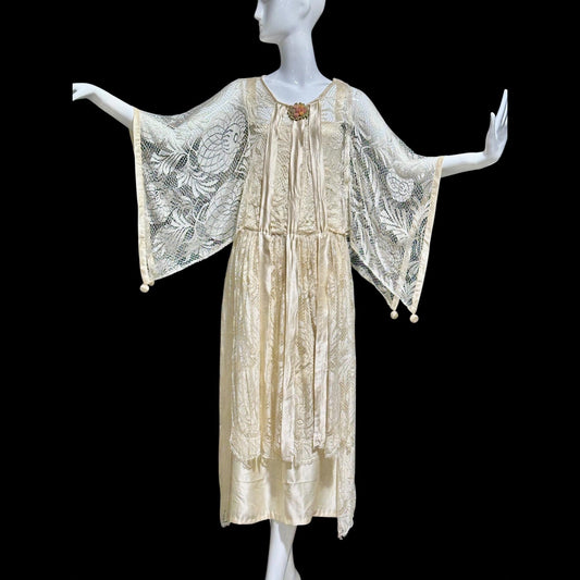 1920s Antique vintage wedding dress, Handmade candlelight white silk and lace slip dress with scarf sleeves, bridal flapper dress