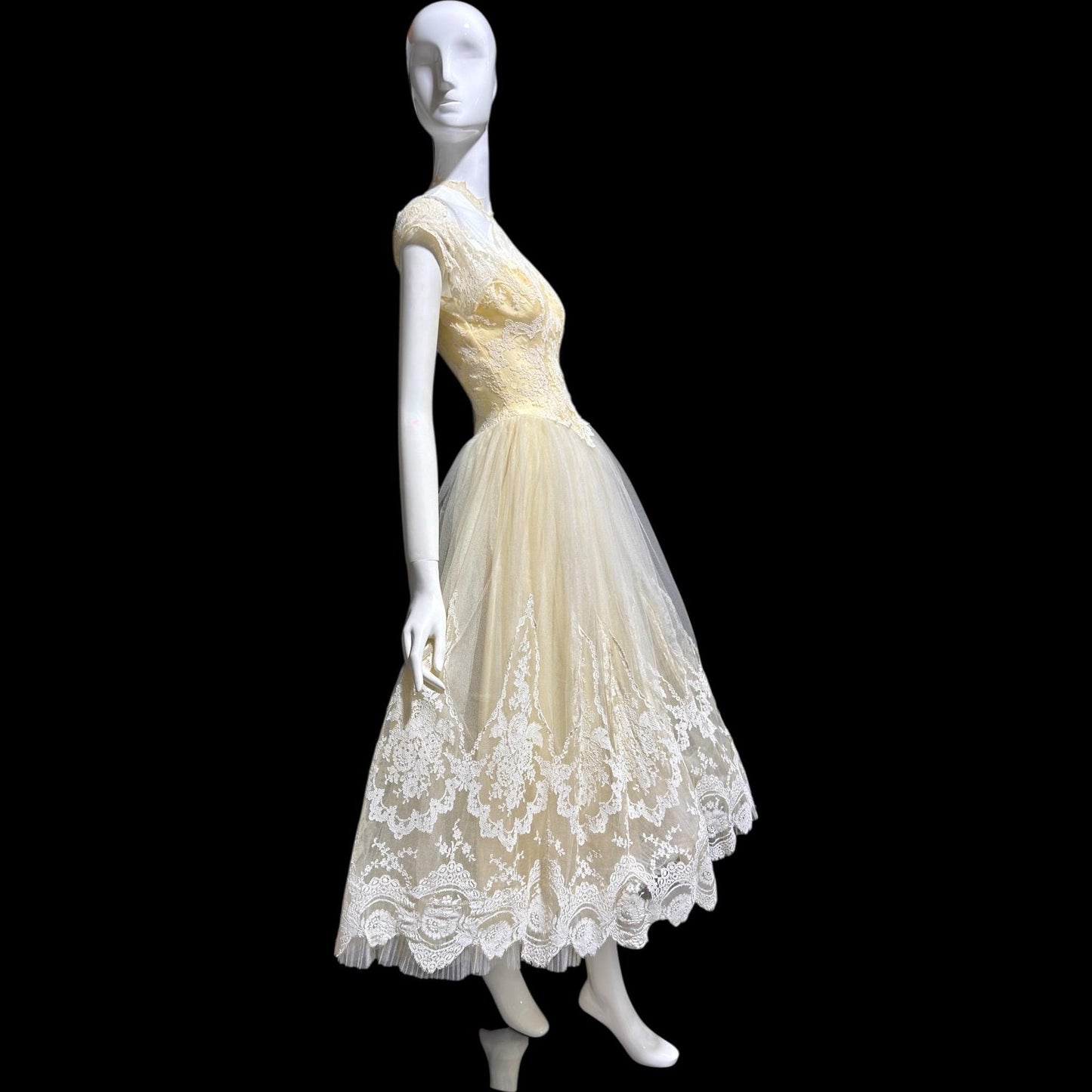 MARIE FOR PANDORA, vintage 1950s wedding dress, Lace high neck Bridal Cupcake Ball Gown