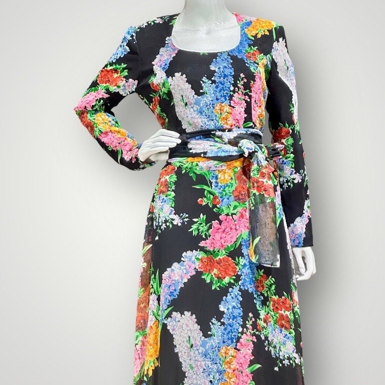 RAZOOK'S vintage evening dress, poly chiffon floral maxi dress