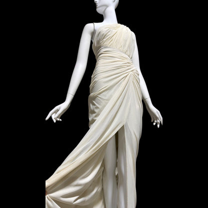 TADASHI Vintage evening dress gown, 1980s Grecian bodycon white ruched gown