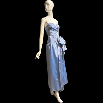 1980s vintage evening dress, Iridescent blue taffeta and ruffles, strapless prom party dress, medium