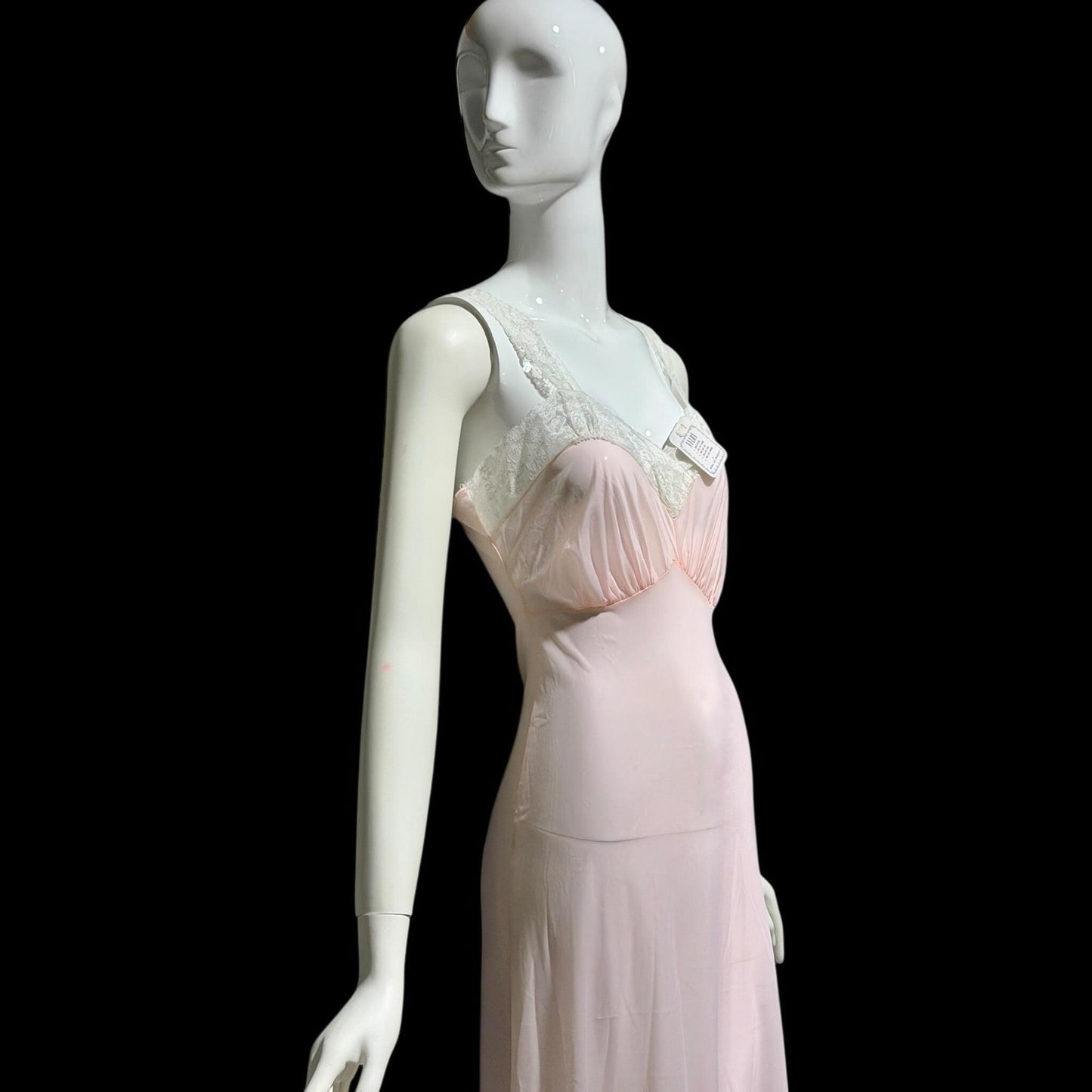 MYRA JOY vintage 1950s Nightgown Lingerie Dress, Sheer Petal pink Nylon Lace Slip Dress