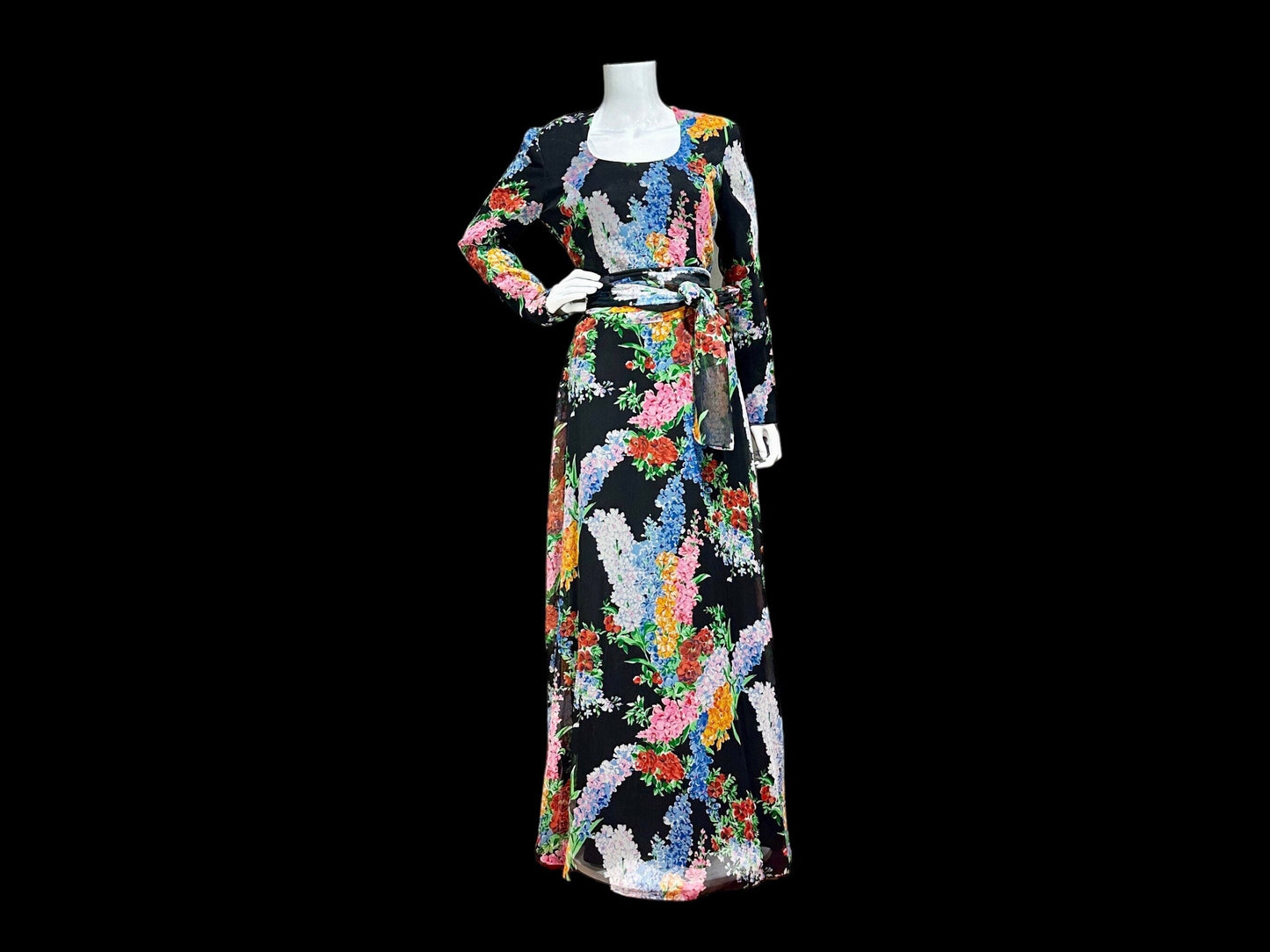 RAZOOK'S vintage evening dress, poly chiffon floral maxi dress