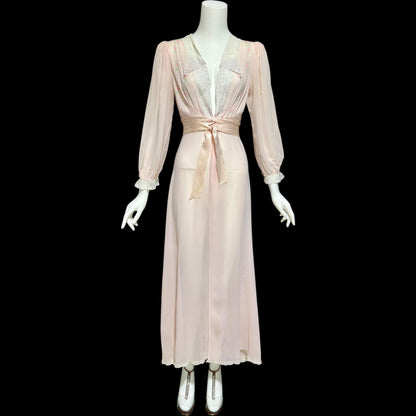 B. ALTMAN, vintage 1940s dressing gown, pink floral and lace sheer house coat robe