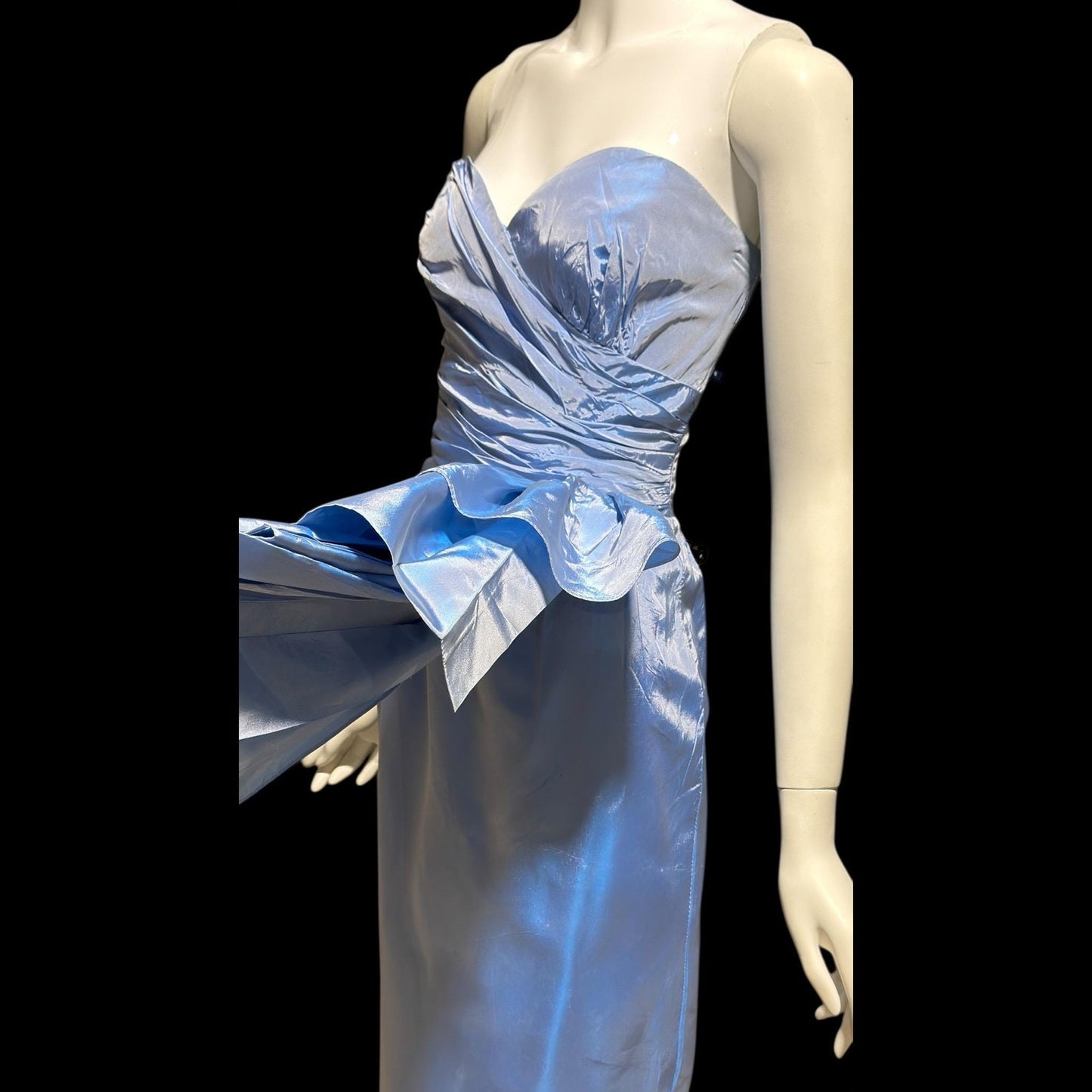 1980s vintage evening dress, Iridescent blue taffeta and ruffles, strapless prom party dress, medium