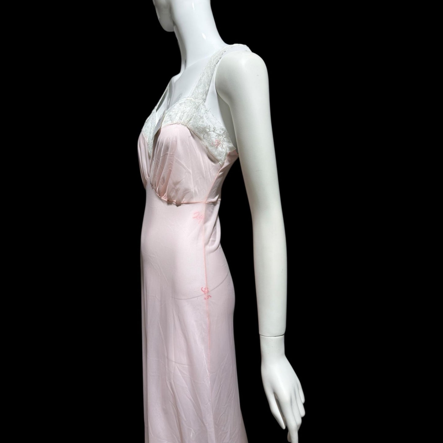 MYRA JOY vintage 1950s Nightgown Lingerie Dress, Sheer Petal pink Nylon Lace Slip Dress