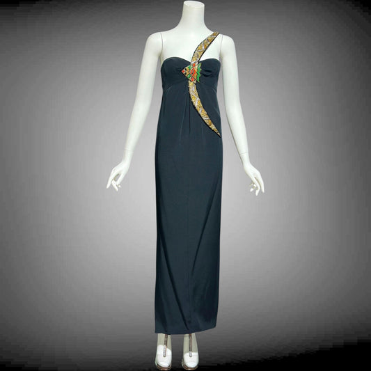 BERNARD PERRIS vintage 1980s beaded gown, black silk one shoulder sheath column evening gown, Made in France
