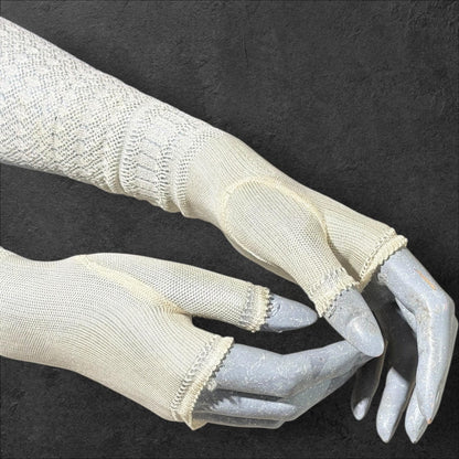 1930s vintage lace opera gloves, fingerless ivory crochet elbow length evening wedding bridal gloves