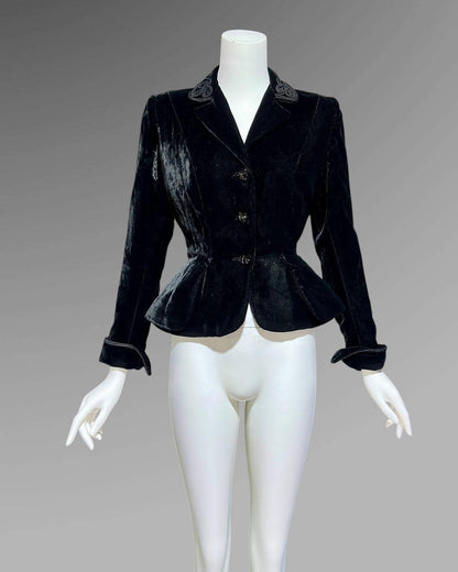 BONWIT TELLER, vintage 1940s black velvet jacket coat, fitted princess cut new look, nipped waist