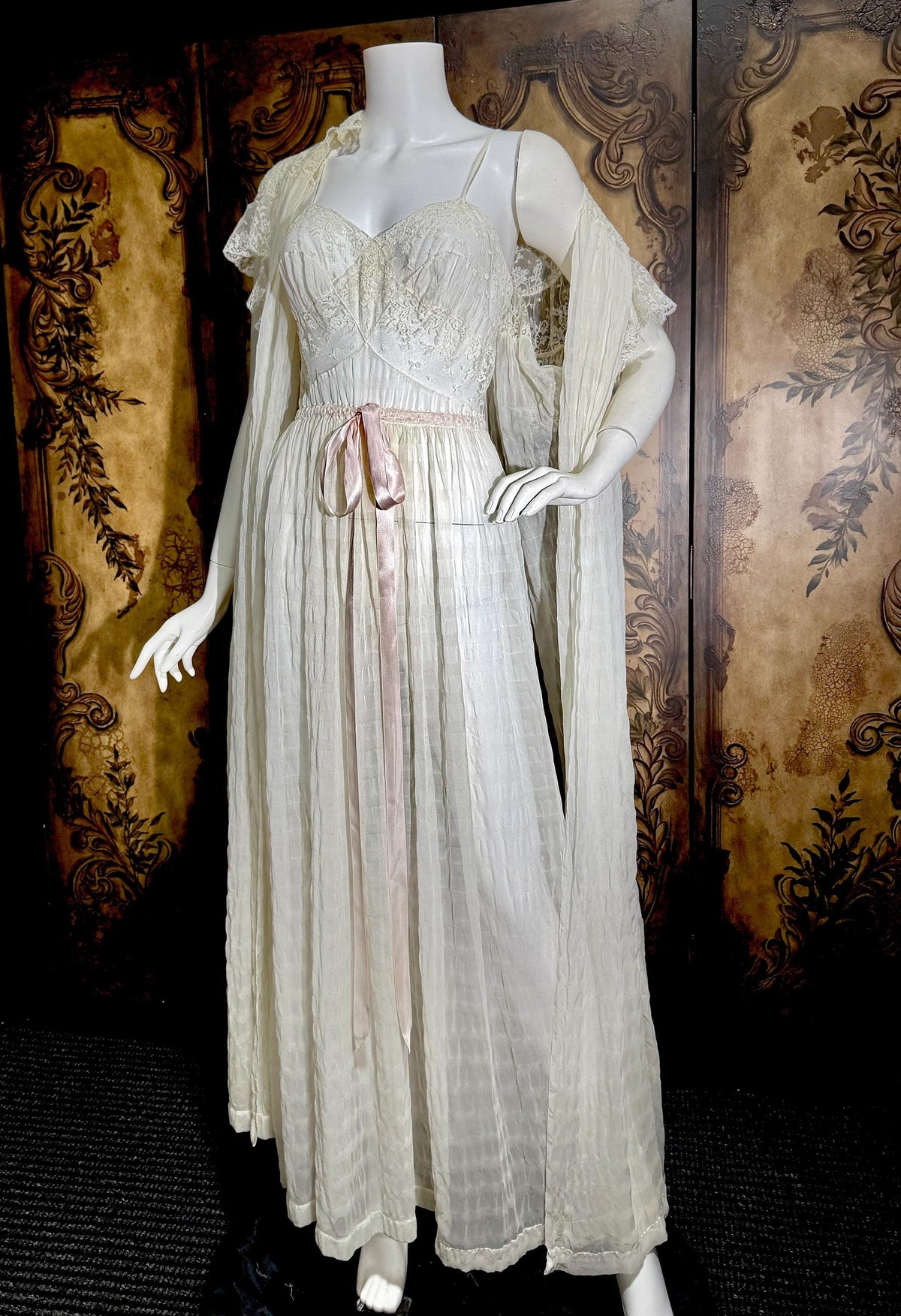 vintage JULIE INC Nightgown robe set, by IRIS ethereal white sheer waffled nylon slip dress dressing gown peignoir set