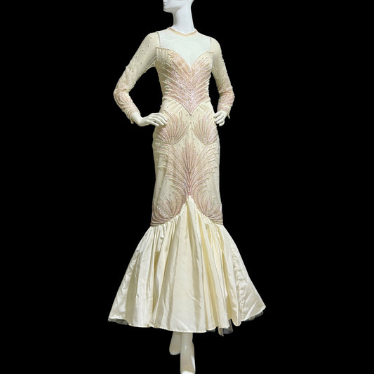 CARLOTA ALFARO, vintage 1980s evening gown, White pink beaded mermaid dress, ruffled bottom, illusion neckline