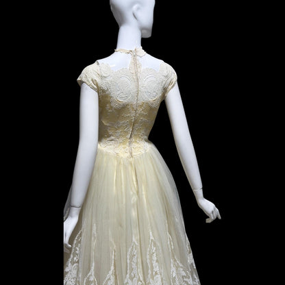 MARIE FOR PANDORA, vintage 1950s wedding dress, Lace high neck Bridal Cupcake Ball Gown