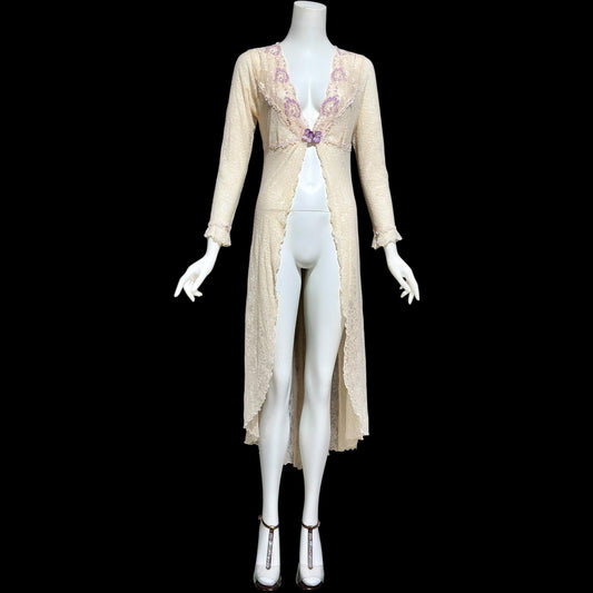 CLAIRE PETTIBONE, wedding coat robe, sheer nylon lace high low dressing gown