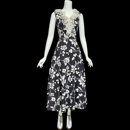 COCO CALIFORNIA, Vintage 1970s maxi dress, Black and White cotton cocktail party dress, Ruffled collar