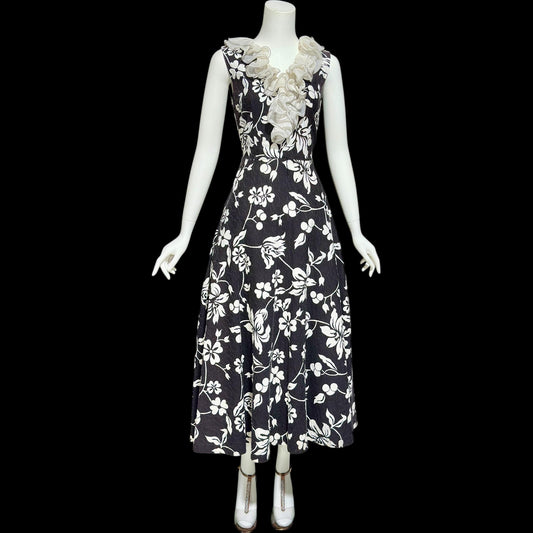 COCO CALIFORNIA, Vintage 1970s maxi dress, Black and White cotton cocktail party dress, Ruffled collar