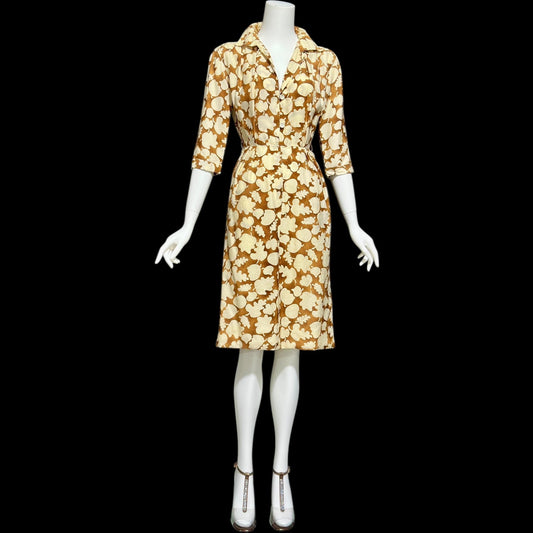 COURREGES vintage 1970s shirtdress, silk blend,  nutmeg and cream button front wear to work dress
