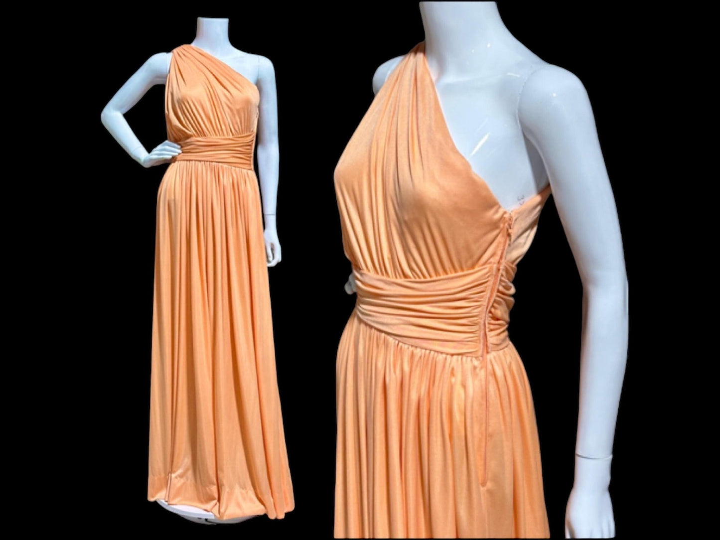 OLE BORDEN for Lillie Rubin, 1970s peach one shoulder evening gown, draped pleated grecian goddess gown