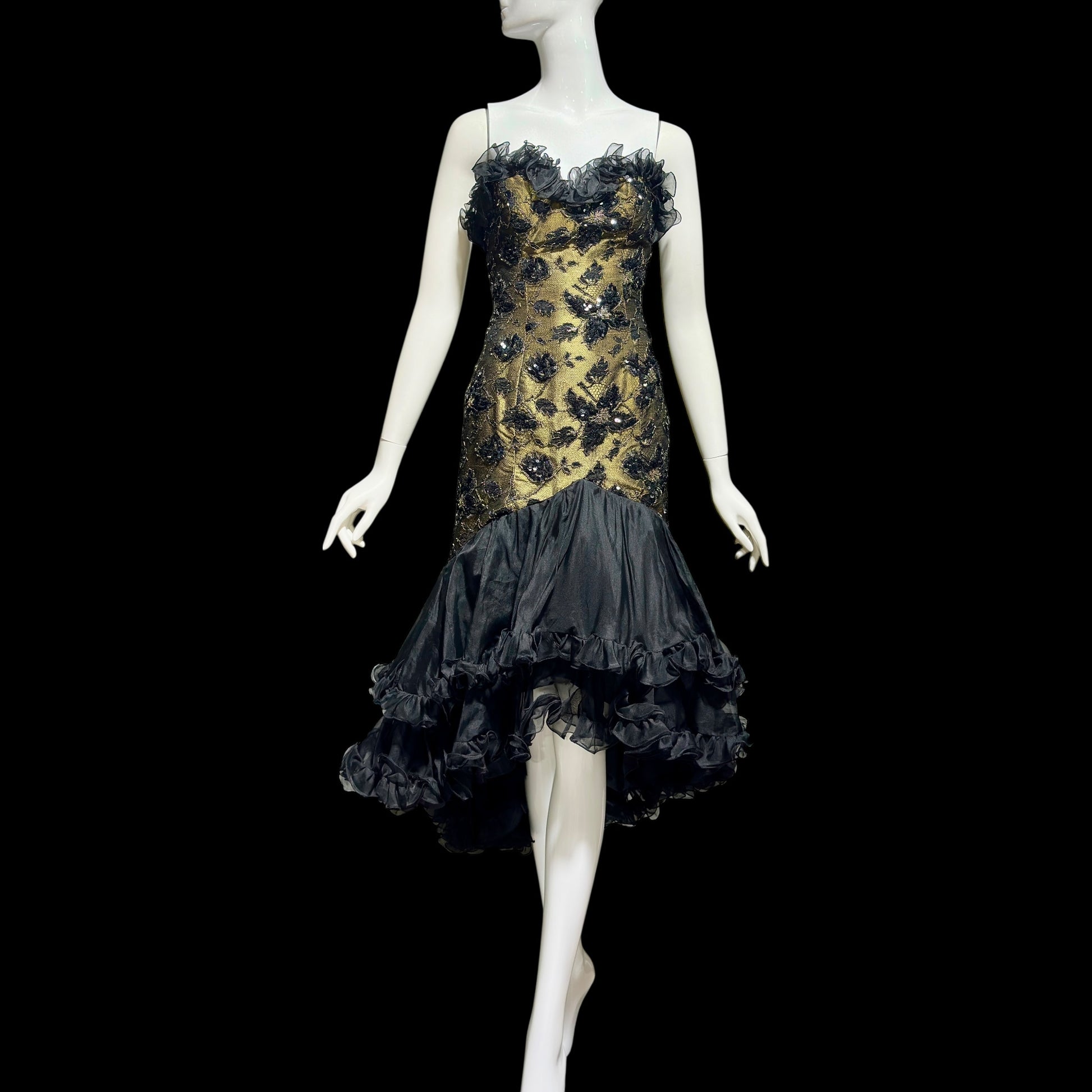 DAVID FIELDEN vintage 1980s evening dress, Party Dress, Black and Bronze All Silk Hi Low Ruffle dress
