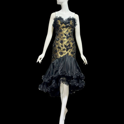 DAVID FIELDEN vintage 1980s evening dress, Party Dress, Black and Bronze All Silk Hi Low Ruffle dress